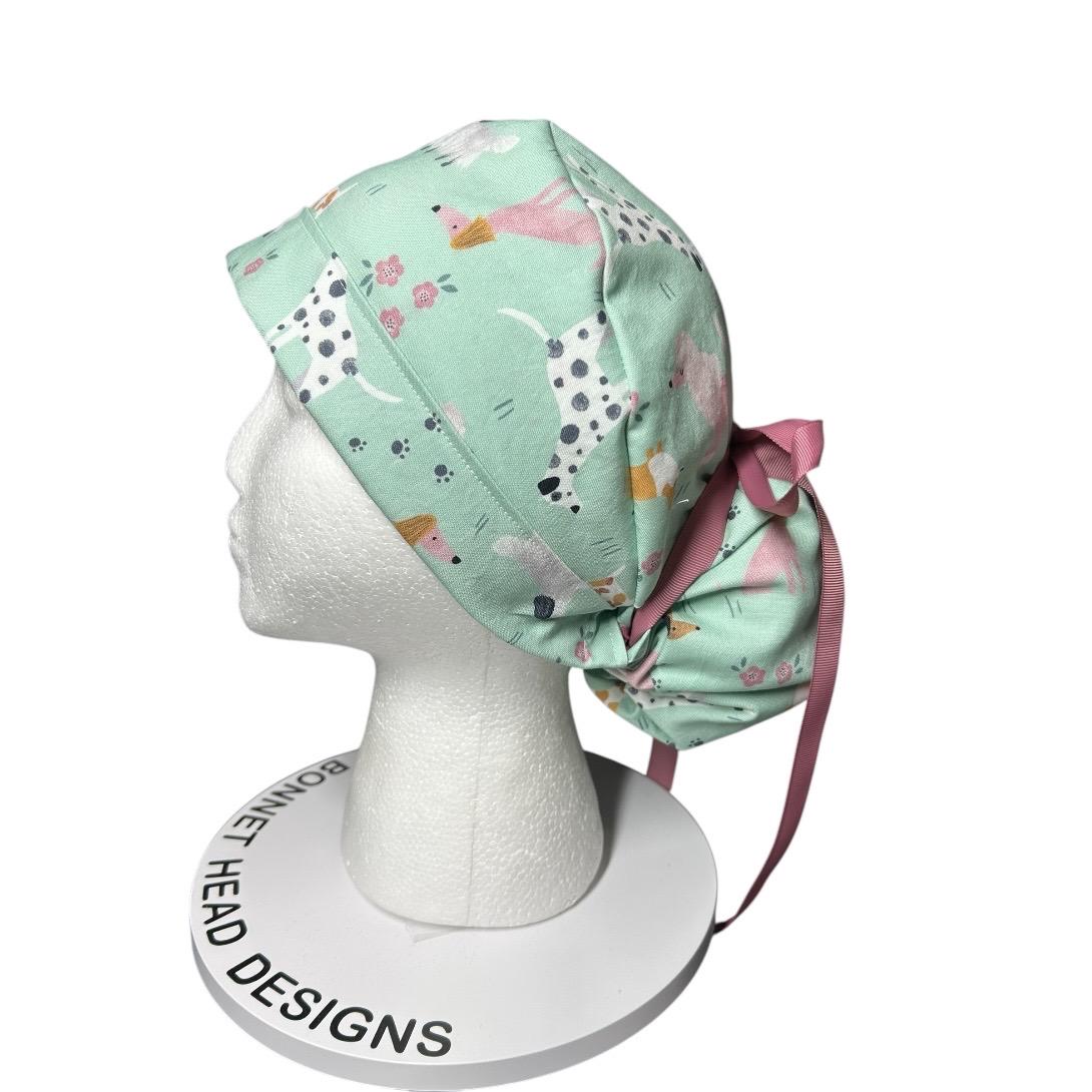 Mint green Dog Print Ponytail Scrub Cap - Nurse Surgical Hat with ribbon ties and adjustable pouch