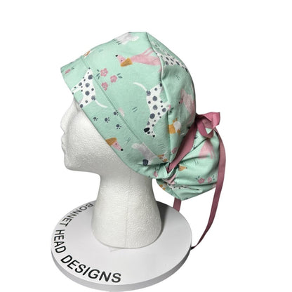Mint green Dog Print Ponytail Scrub Cap - Nurse Surgical Hat with ribbon ties and adjustable pouch