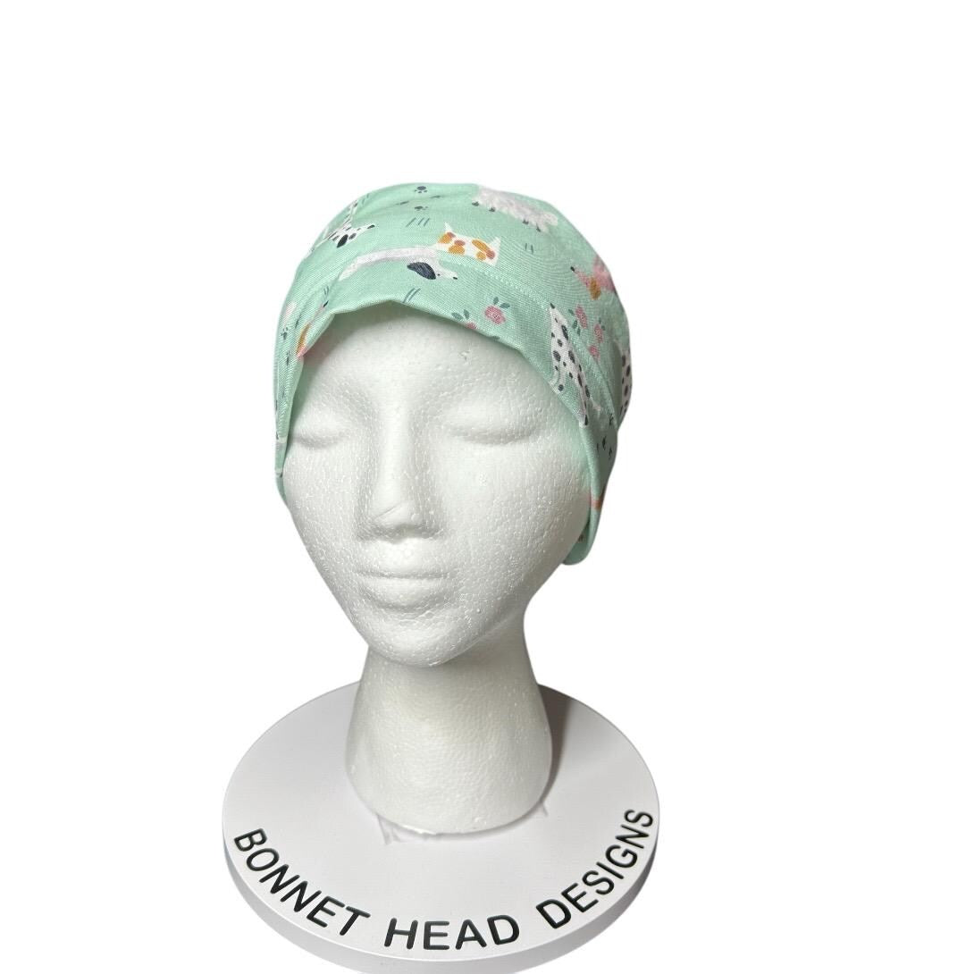 Mint green Dog Print Ponytail Scrub Cap - Nurse Surgical Hat with ribbon ties and adjustable pouch