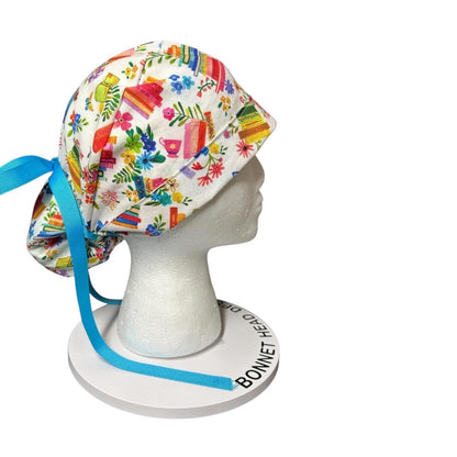 Floral Scrub Cap with Books, Ponytail Surgical Hat, Adjustable Bun cap