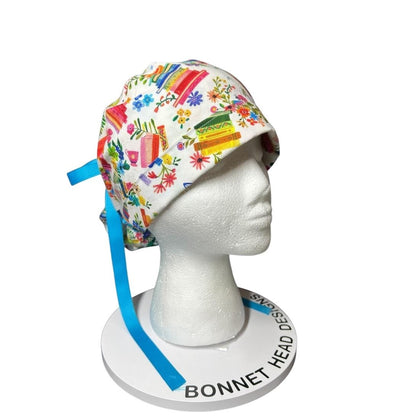 Floral Scrub Cap with Books, Ponytail Surgical Hat, Adjustable Bun cap