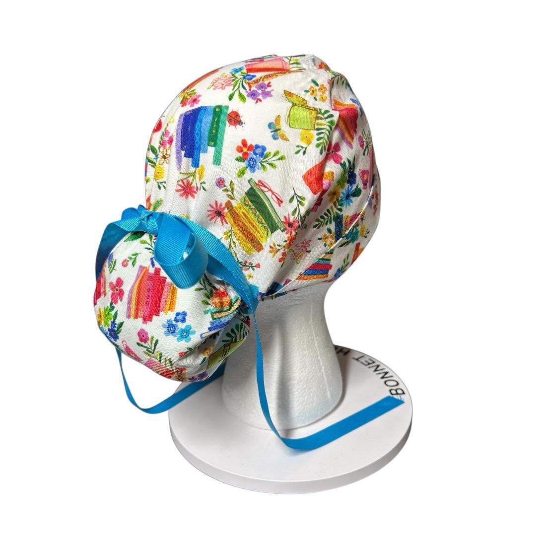Floral Scrub Cap with Books, Ponytail Surgical Hat, Adjustable Bun cap