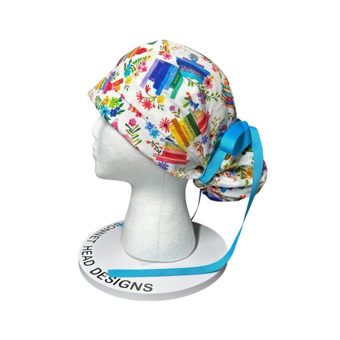 Floral Scrub Cap with Books, Ponytail Surgical Hat, Adjustable Bun cap