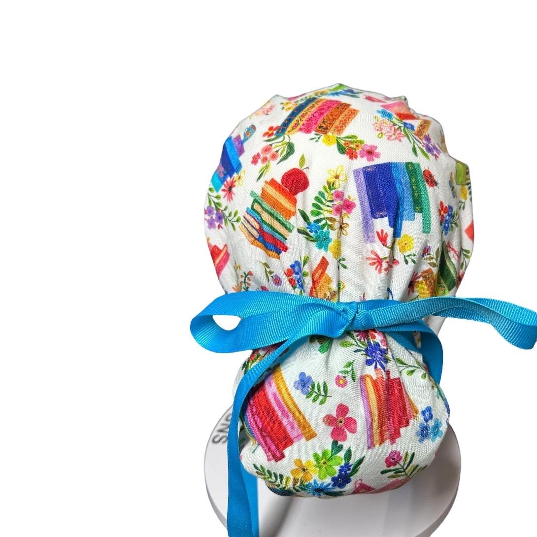 Floral Scrub Cap with Books, Ponytail Surgical Hat, Adjustable Bun cap