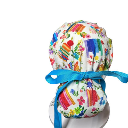 Floral Scrub Cap with Books, Ponytail Surgical Hat, Adjustable Bun cap