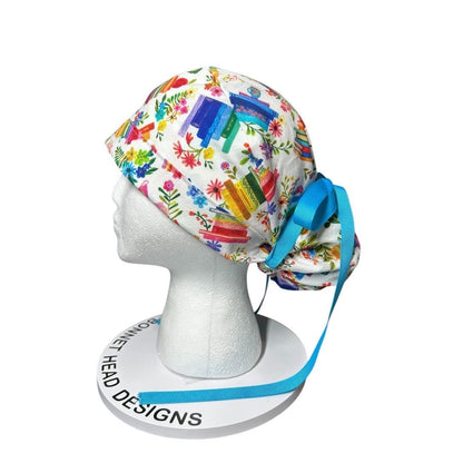 Floral Scrub Cap with Books, Ponytail Surgical Hat, Adjustable Bun cap
