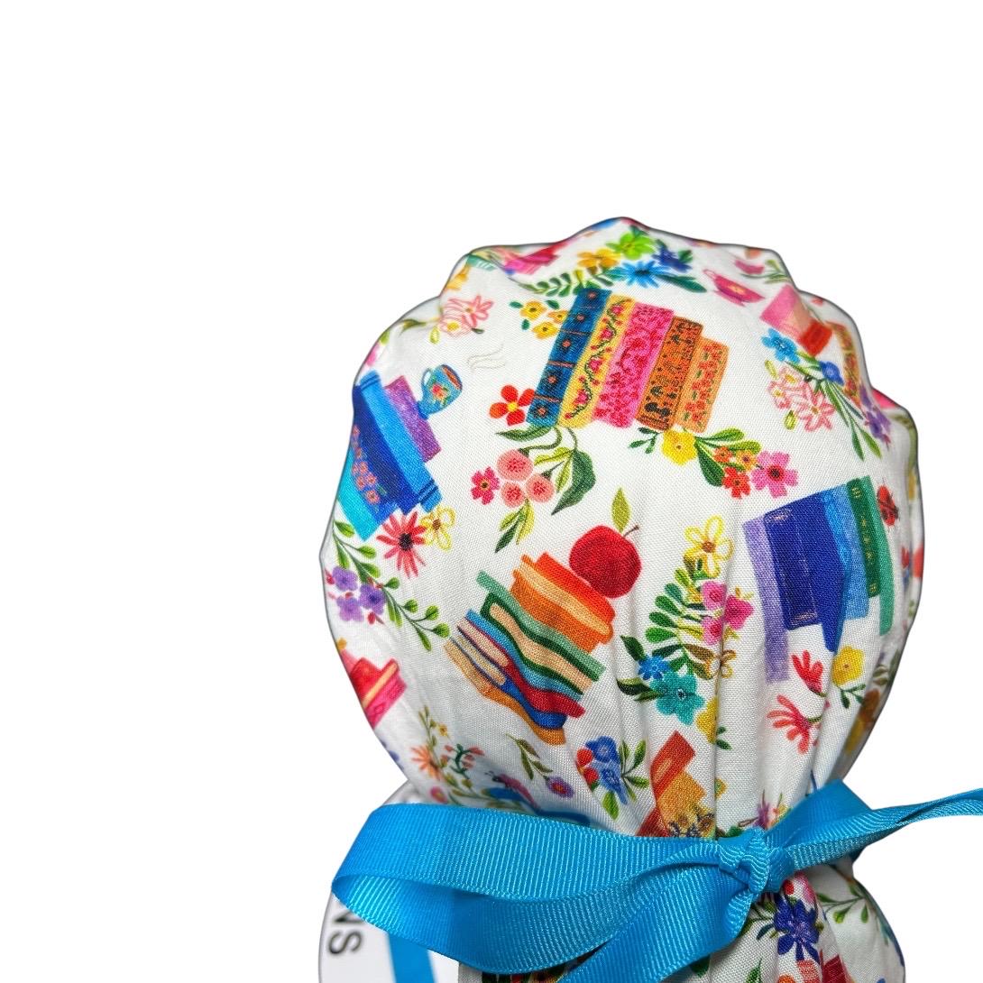 Floral Scrub Cap with Books, Ponytail Surgical Hat, Adjustable Bun cap