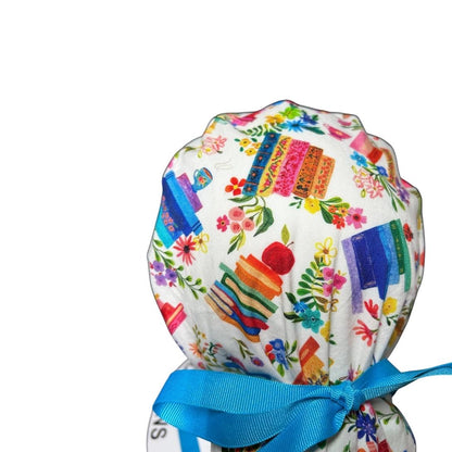 Floral Scrub Cap with Books, Ponytail Surgical Hat, Adjustable Bun cap