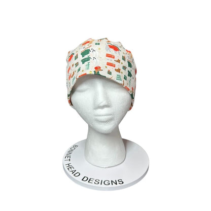 Christmas Dogs Ponytail Scrub Cap: 'Merry Pawmas' Cream Fabric