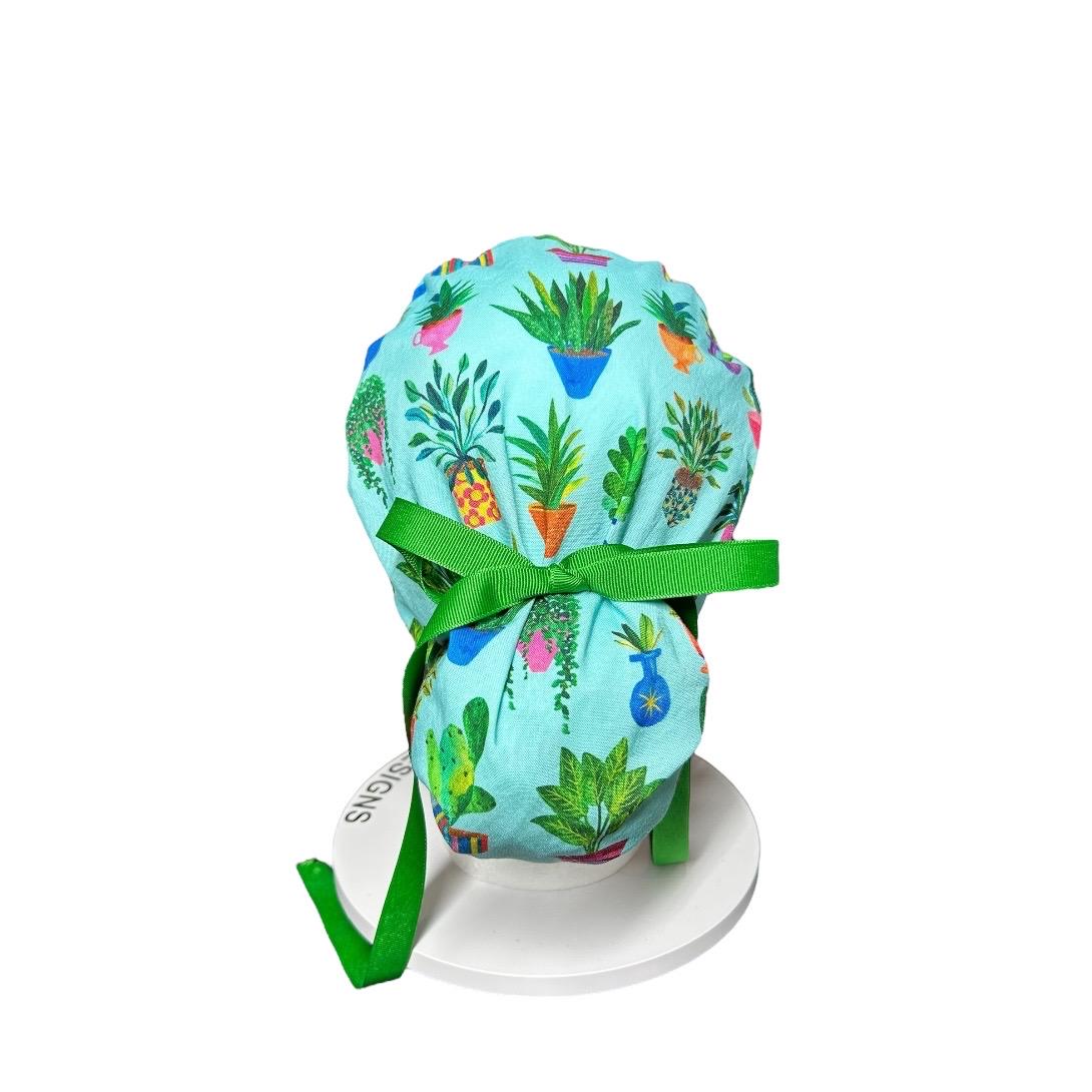Plant Ponytail Scrub Hat | Teal Potted Plants, Green Ribbon
