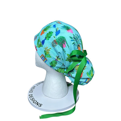 Plant Ponytail Scrub Hat | Teal Potted Plants, Green Ribbon