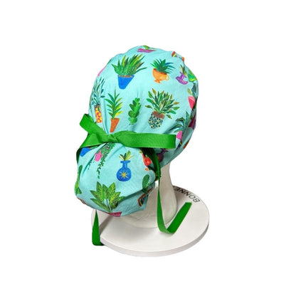 Plant Ponytail Scrub Hat | Teal Potted Plants, Green Ribbon