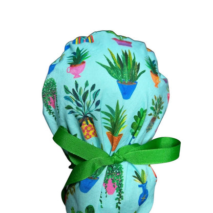 Plant Ponytail Scrub Hat | Teal Potted Plants, Green Ribbon