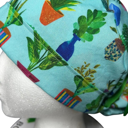 Plant Ponytail Scrub Hat | Teal Potted Plants, Green Ribbon
