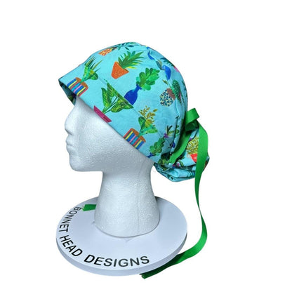 Plant Ponytail Scrub Hat | Teal Potted Plants, Green Ribbon