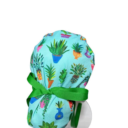 Plant Ponytail Scrub Hat | Teal Potted Plants, Green Ribbon