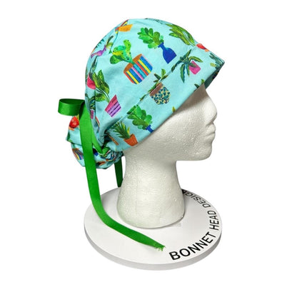 Plant Ponytail Scrub Hat | Teal Potted Plants, Green Ribbon