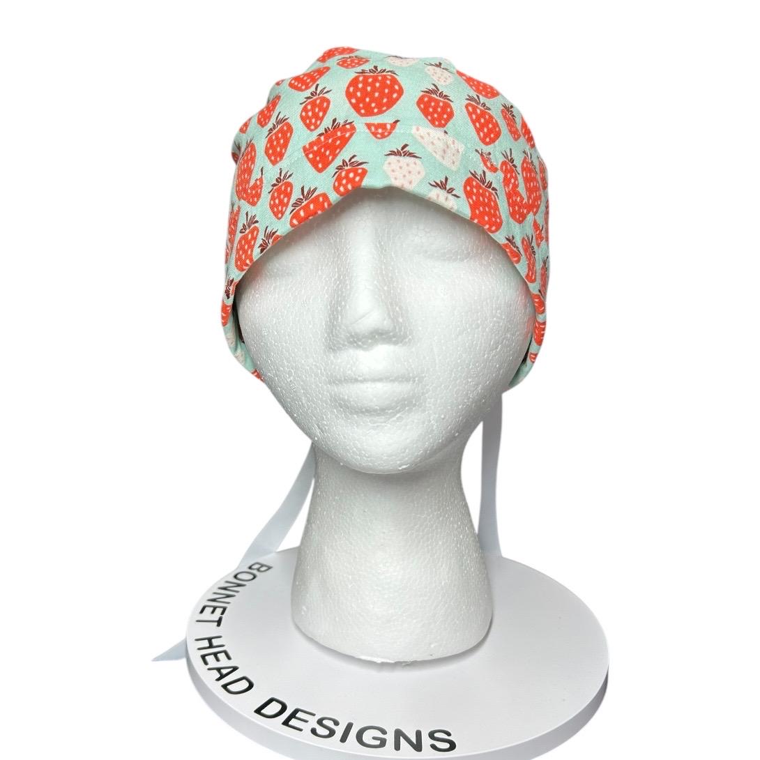 Strawberry Print Ponytail Scrub Cap, Under the Apple Tree fabric with ribbon ties