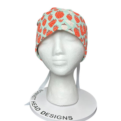 Strawberry Print Ponytail Scrub Cap, Under the Apple Tree fabric with ribbon ties