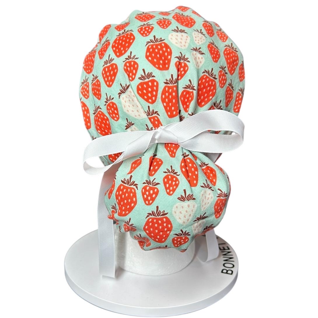Strawberry Print Ponytail Scrub Cap, Under the Apple Tree fabric with ribbon ties