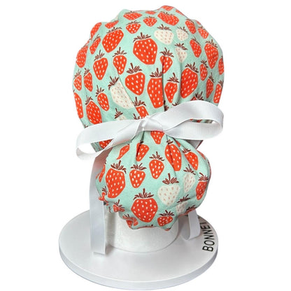 Strawberry Print Ponytail Scrub Cap, Under the Apple Tree fabric with ribbon ties