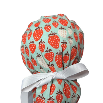 Strawberry Print Ponytail Scrub Cap, Under the Apple Tree fabric with ribbon ties
