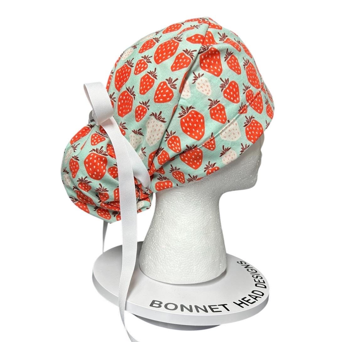Strawberry Print Ponytail Scrub Cap, Under the Apple Tree fabric with ribbon ties