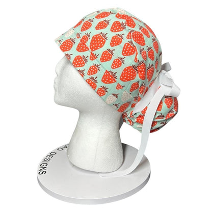 Strawberry Print Ponytail Scrub Cap, Under the Apple Tree fabric with ribbon ties