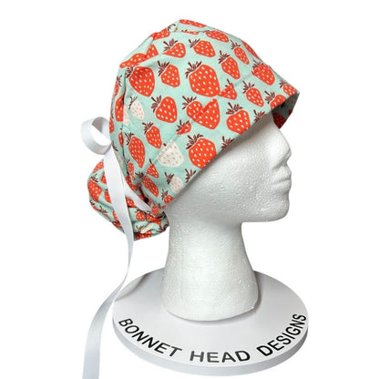 Strawberry Print Ponytail Scrub Cap, Under the Apple Tree fabric with ribbon ties