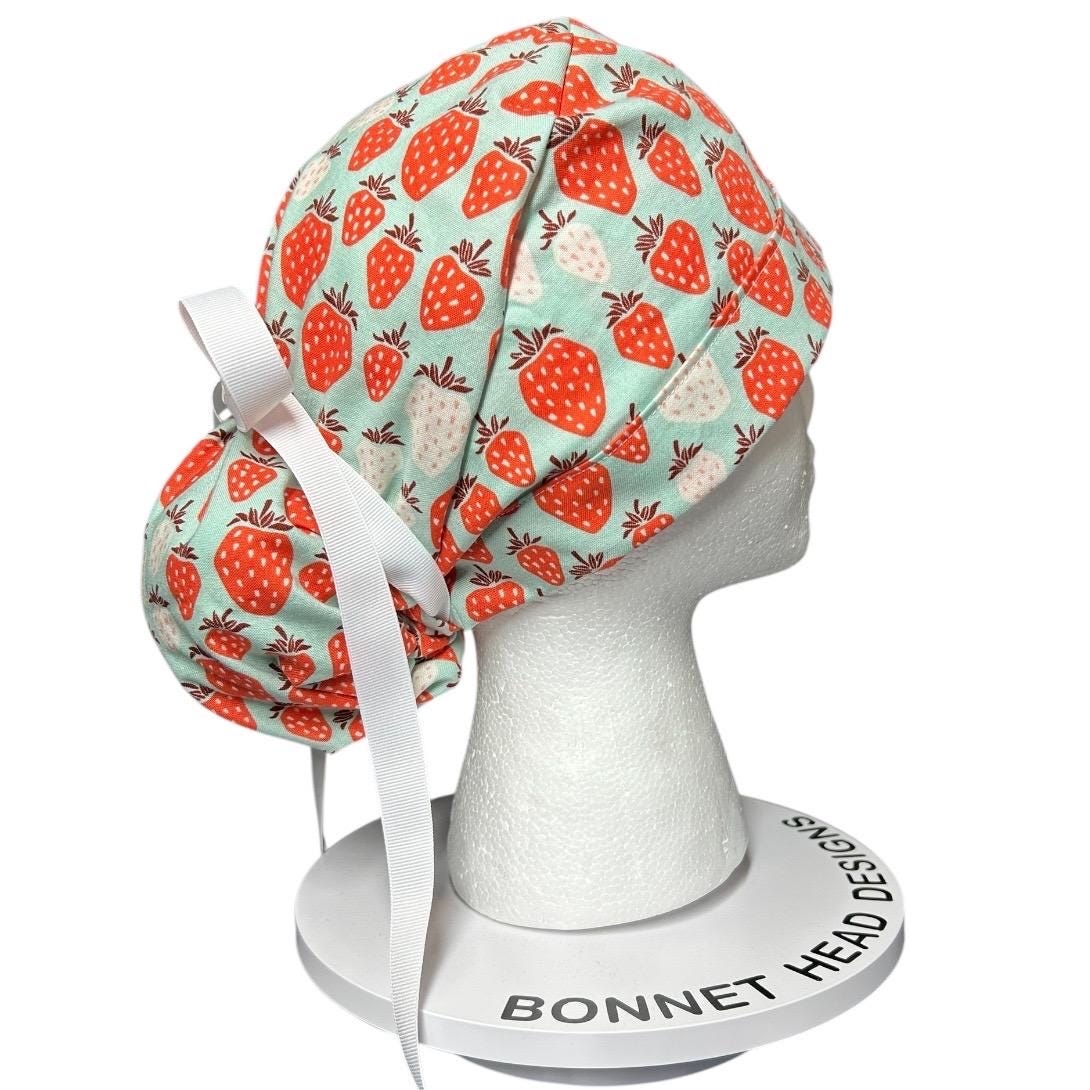 Strawberry Print Ponytail Scrub Cap, Under the Apple Tree fabric with ribbon ties