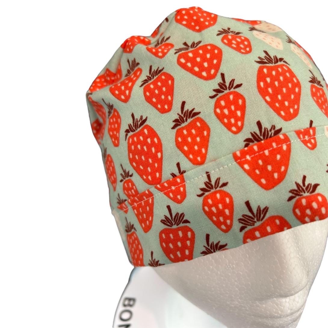 Strawberry Print Ponytail Scrub Cap, Under the Apple Tree fabric with ribbon ties