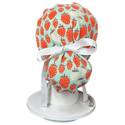 Strawberry Print Ponytail Scrub Cap, Under the Apple Tree fabric with ribbon ties