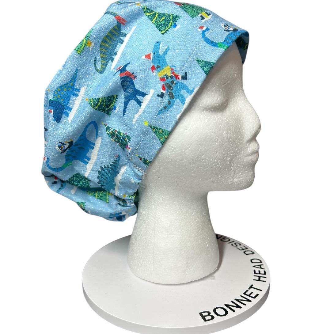 Christmas Dinosaurs euro scrub hat- satin lining option- OR headwear