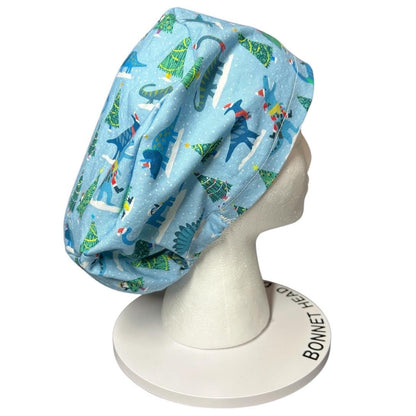 Christmas Dinosaurs euro scrub hat- satin lining option- OR headwear