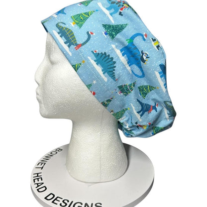 Christmas Dinosaurs euro scrub hat- satin lining option- OR headwear