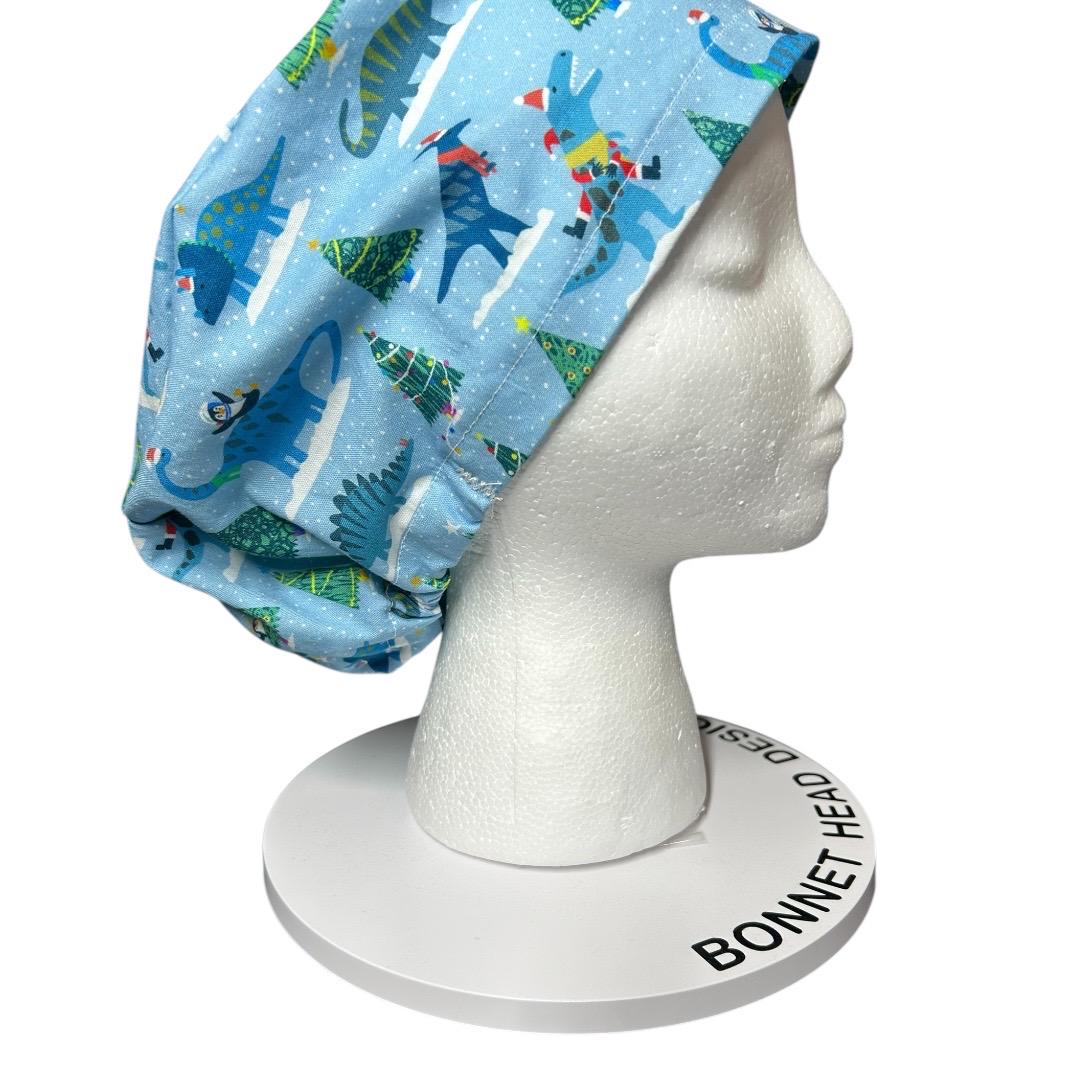 Christmas Dinosaurs euro scrub hat- satin lining option- OR headwear