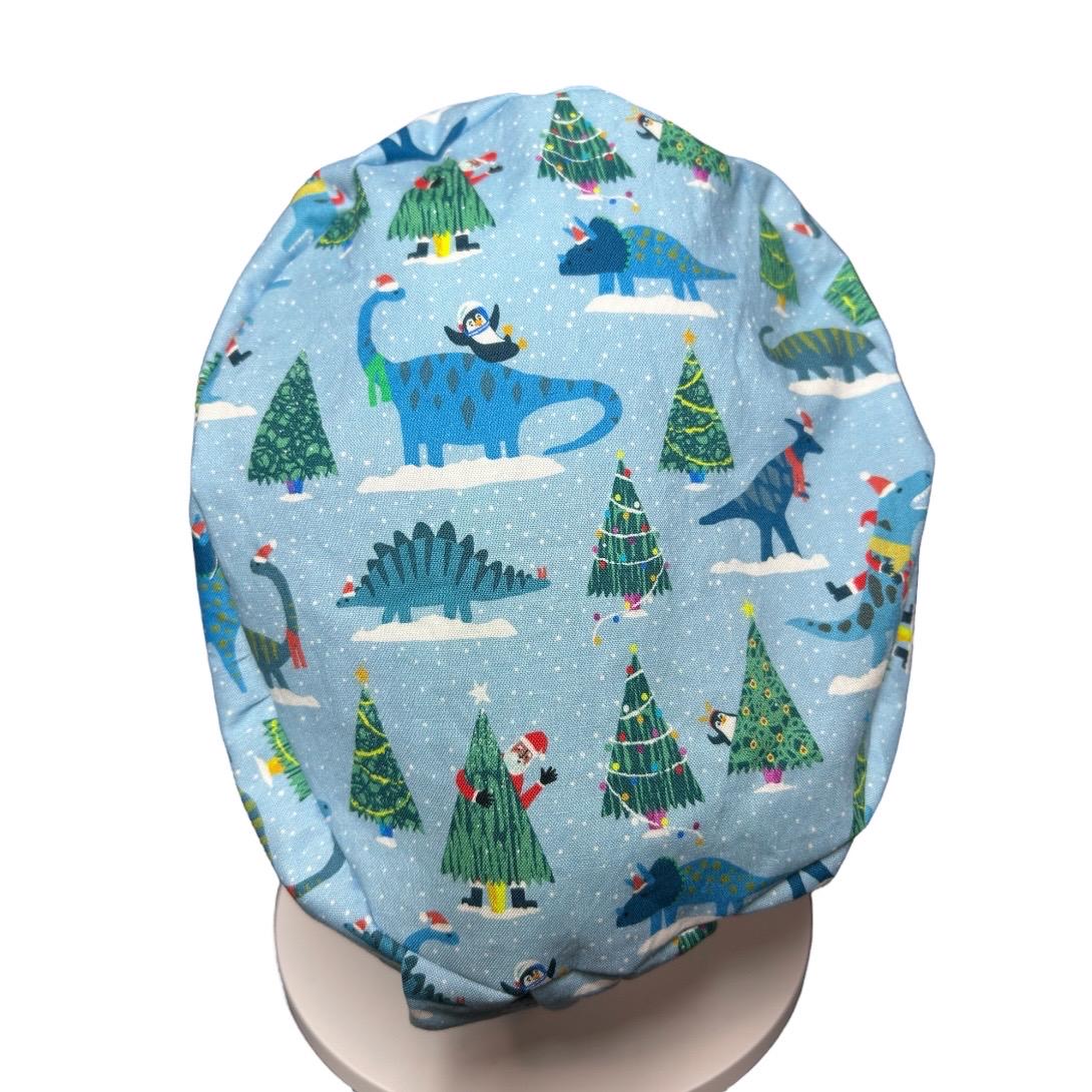 Christmas Dinosaurs euro scrub hat- satin lining option- OR headwear