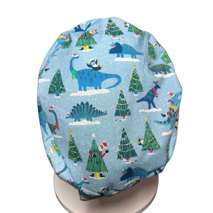 Christmas Dinosaurs euro scrub hat- satin lining option- OR headwear