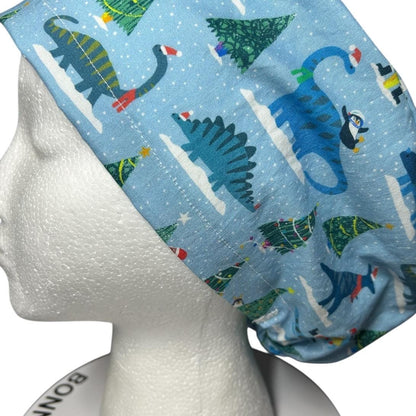 Christmas Dinosaurs euro scrub hat- satin lining option- OR headwear
