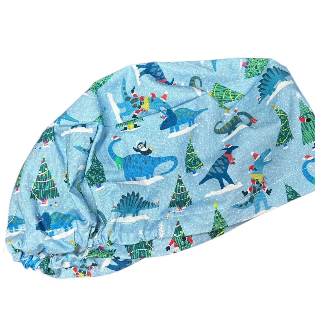 Christmas Dinosaurs euro scrub hat- satin lining option- OR headwear
