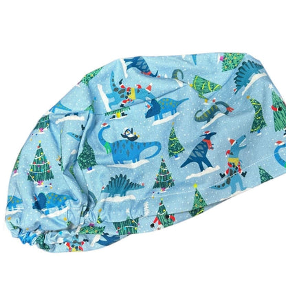 Christmas Dinosaurs euro scrub hat- satin lining option- OR headwear