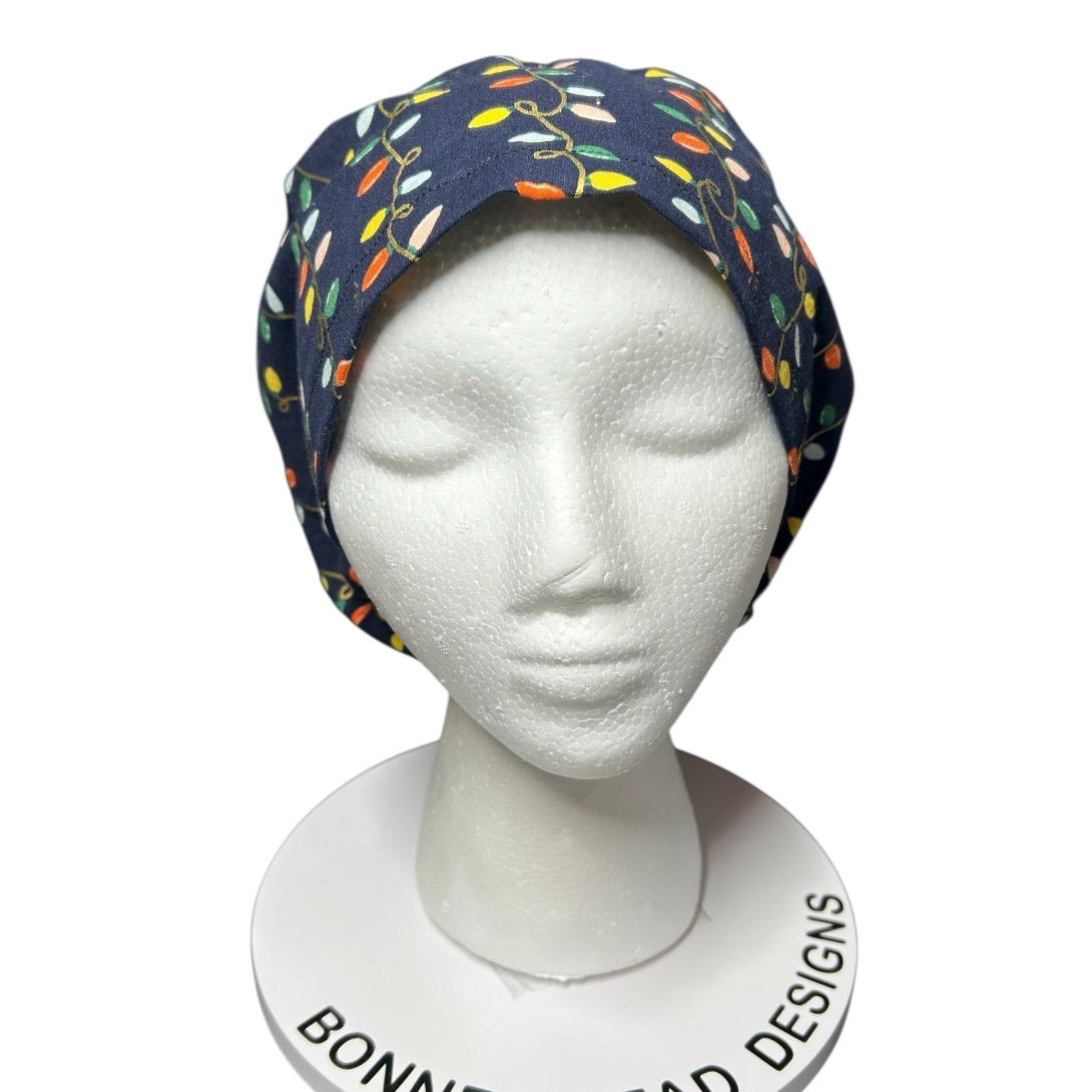 Navy Christmas Lights Euro Style Toggle Scrub hat: Rifle Paper Co fabric