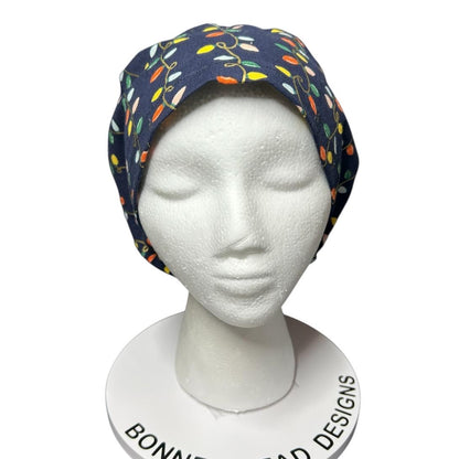 Navy Christmas Lights Euro Style Toggle Scrub hat: Rifle Paper Co fabric