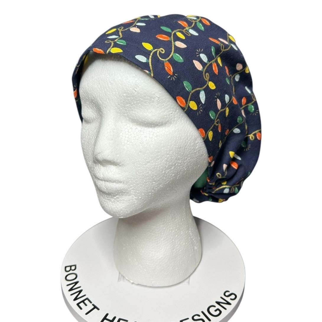 Navy Christmas Lights Euro Style Toggle Scrub hat: Rifle Paper Co fabric