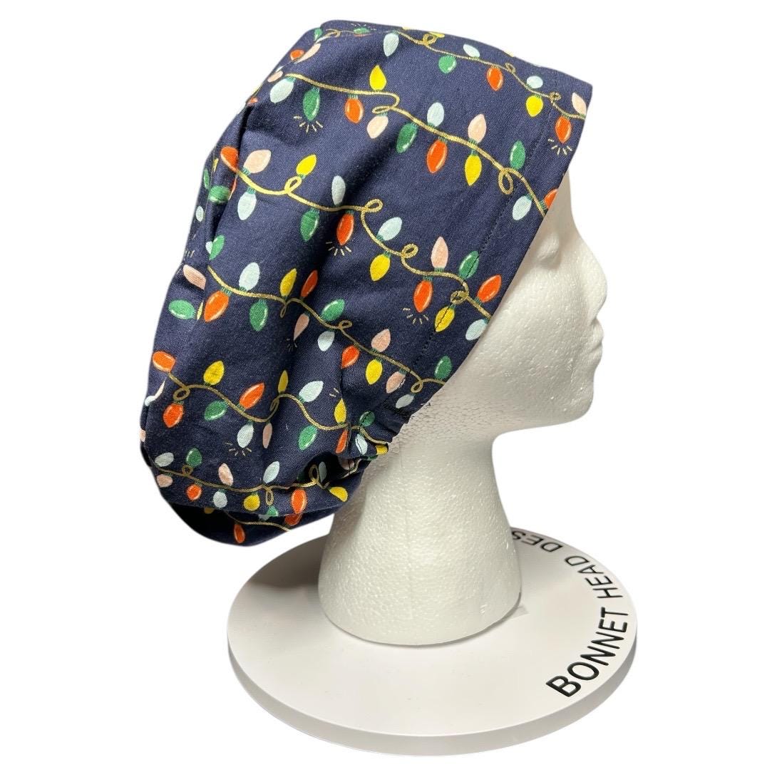 Navy Christmas Lights Euro Style Toggle Scrub hat: Rifle Paper Co fabric