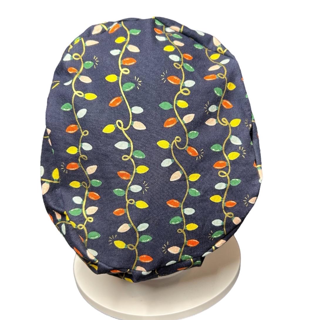 Navy Christmas Lights Euro Style Toggle Scrub hat: Rifle Paper Co fabric