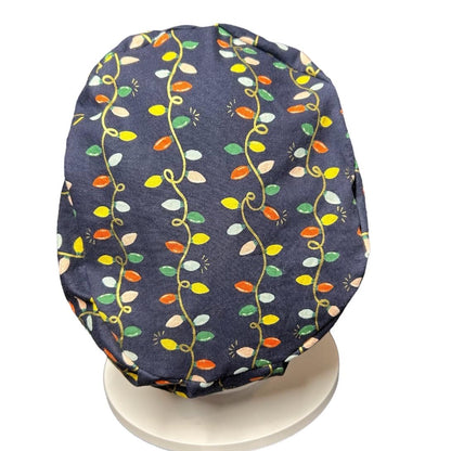Navy Christmas Lights Euro Style Toggle Scrub hat: Rifle Paper Co fabric