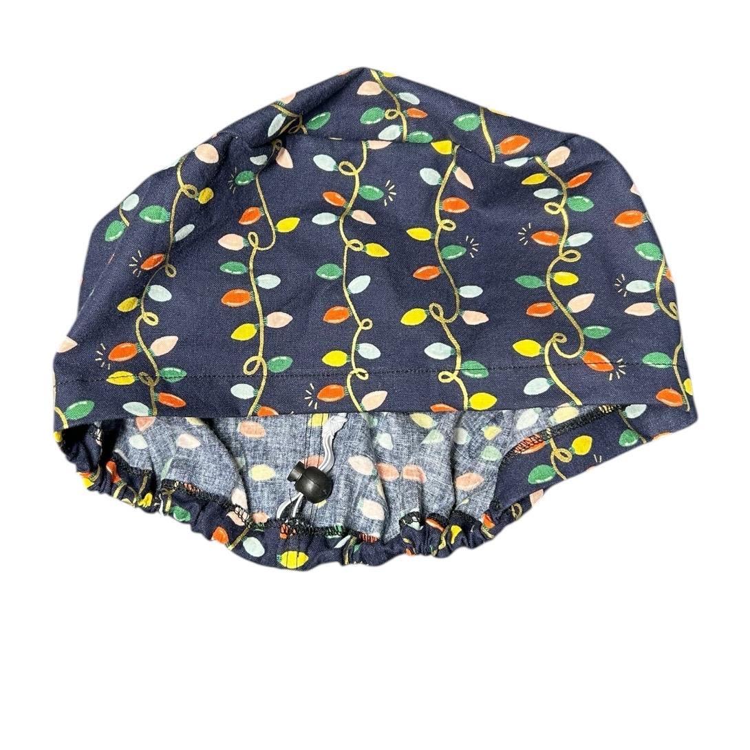 Navy Christmas Lights Euro Style Toggle Scrub hat: Rifle Paper Co fabric