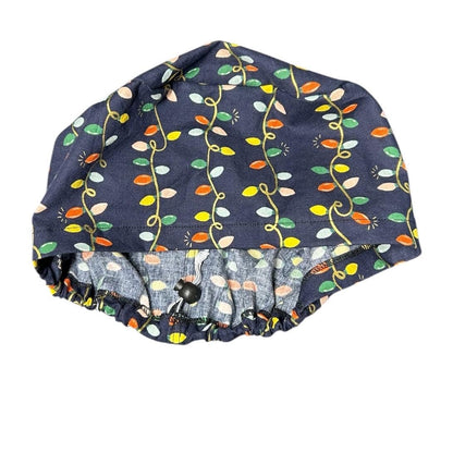 Navy Christmas Lights Euro Style Toggle Scrub hat: Rifle Paper Co fabric