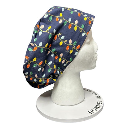 Navy Christmas Lights Euro Style Toggle Scrub hat: Rifle Paper Co fabric